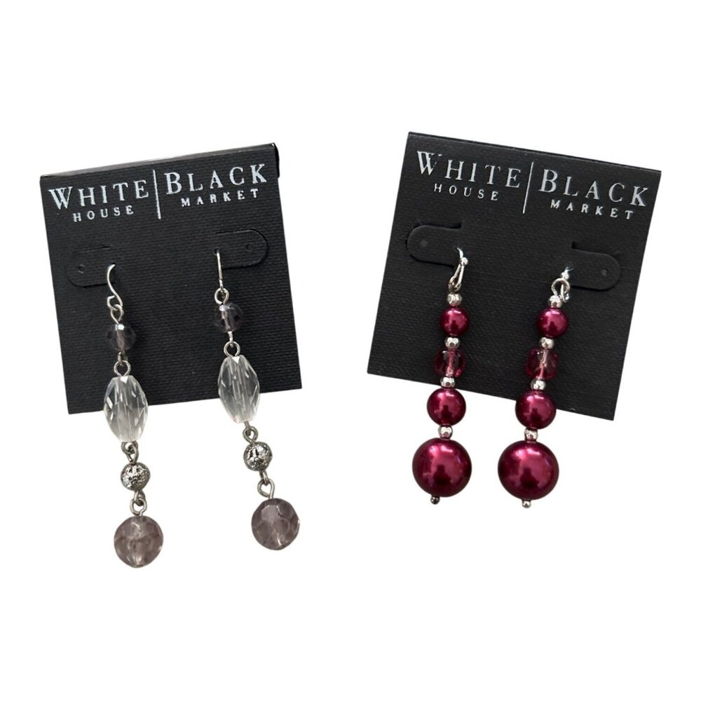WHBM Set Of 2 Dangle Earrings Red & Clear Beads Silver Accents